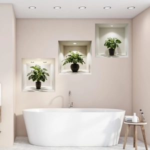 Modern white freestanding oval bathtub detail with plants in high-end bathroom background