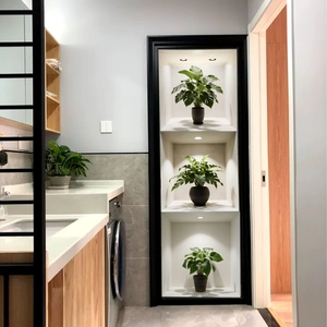 Three-tier recessed wall niche with built-in spotlights and modern black frame trim