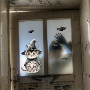 Halloween-Fenstersticker mit Zauberkatze und Fledermäusen auf einer Glastür