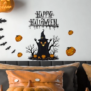 Detail of Halloween ghost and pumpkin wall decals applied on a bedroom wall decoration
