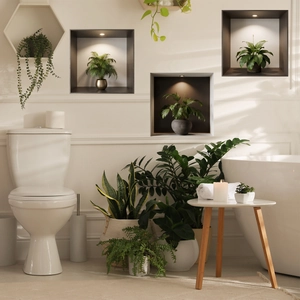 Modern wall-mounted hexagonal shelves with warm LED lights and green potted plants