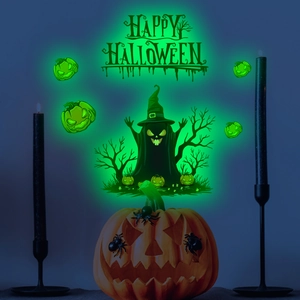 Luminous green Halloween wall stickers featuring Happy Halloween text and spooky ghost silhouettes