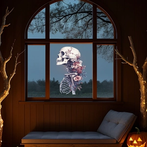 Gothic skull window sticker with colorful flowers shown in a cozy Halloween room setting