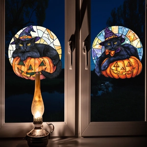 Detailansicht der Halloween-Fensterbilder mit Katze und Kürbis im Buntglas-Stil