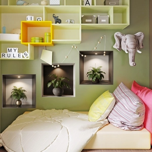 Detail of modular green shelving with plush elephant decor and ambient spotlighting