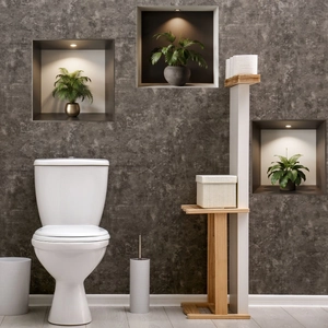 Three-tier white and wood bathroom organizer shelf with toilet rolls and storage box