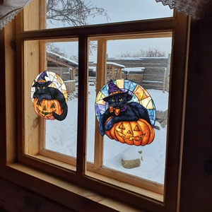 Halloween-Sonnenfänger im Buntglas-Stil mit schwarzer Katze, Hexenhut und Kürbisdekor