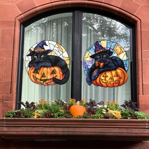 Halloween Fensterbilder Set mit schwarzer Katze und Kürbis im Buntglas-Stil