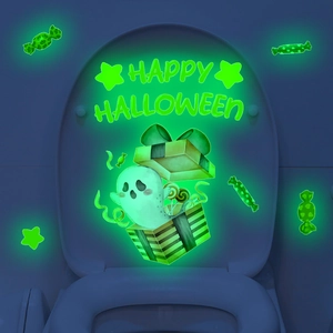 Luminous Halloween wall stickers with glowing ghosts and happy halloween text in green neon