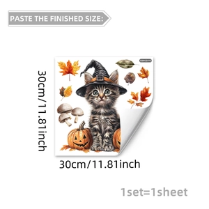 Detail eines Aquarell-Halloween-Fensteraufklebers mit Katze in Hexenhut und Kürbissen