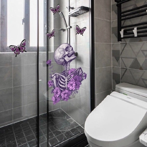 Gothic purple floral skull and butterfly static window decals on bathroom glass door