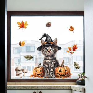 Halloween Fensteraufkleber mit Katze und Kürbissen für die herbstliche Wohndekoration