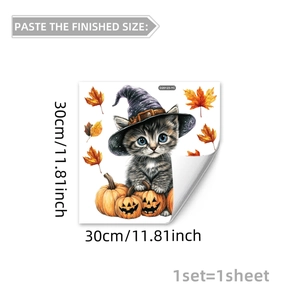 Halloween Fensteraufkleber zeigt 30x30cm Katze mit Hexenhut und Kürbis Details
