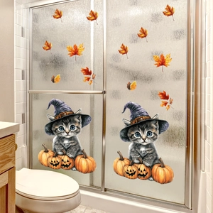 Halloween Fensteraufkleber mit Katzen in Kürbissen und herbstlichen Ahornblatt Motiven
