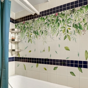 Hanging green vine and falling leaf wall stickers for bathroom tile decoration