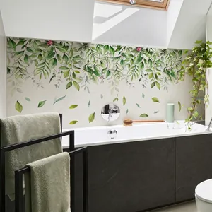 Hanging green vine wall stickers with pink flowers for home and bathroom decoration
