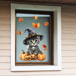 Halloween Fensteraufkleber mit einer Katze im Hexenhut, Kürbissen und Ahornblättern