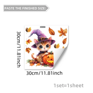 Halloween Fensteraufkleber mit Katze im Hexenhut, Kürbis und bunten Herbstblättern