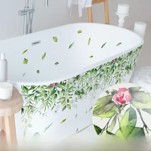Detail of waterproof watercolor flower stickers with adhesive backing on a bathtub