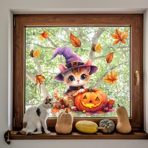 Halloween Fensterbilder Katze und Kürbis mit Ahornblättern für die Fensterdekoration