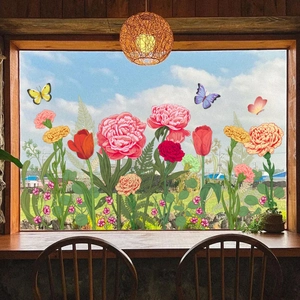 Floral and butterfly window stickers on glass featuring peonies, tulips, and colorful motifs