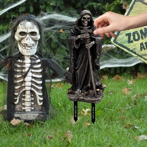 Halloween Sensemann Gartenstecker mit Kapuzenskelett und Kreuz für Außendekorationen