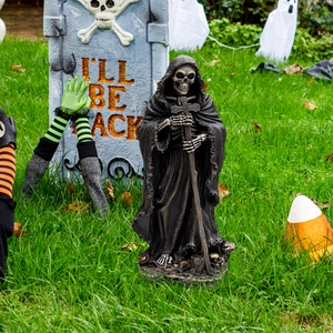 Halloween Sensemann Gartenfigur mit schwarzem Umhang und Kreuzstab für den Außenbereich