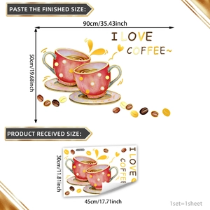 Coffee cup wall sticker with gold foil accents and coffee beans for kitchen decor