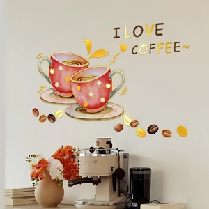 Coffee Cup Coffee Bean Wall Sticker I Love Coffee PVC Waterproof Wall Decal For Kitchen Cafe Home Decor Red Polka Dot DIY Mural