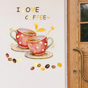 Self-adhesive wall sticker featuring red polka dot coffee cups and gold I Love Coffee text