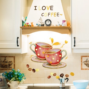 Waterproof PVC wall decals featuring pink coffee cups and coffee beans for kitchen decor