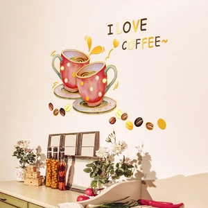 Detail of coffee cup wall stickers with red polka dots and coffee beans on beige wall