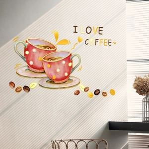 Detail of coffee cup wall stickers with red polka dots and coffee bean patterns