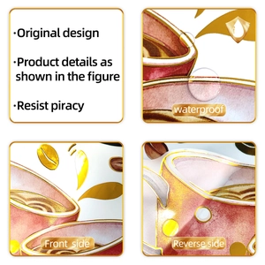 Waterproof wall sticker featuring coffee cup and bean illustrations with gold foil details