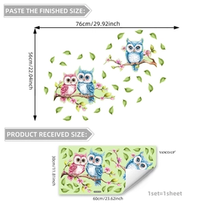 Stickers muraux hiboux lumineux avec feuilles vertes pour décor de salon
