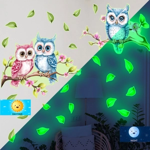 Stickers muraux hibou phosphorescents avec fleurs et feuilles décor de jour et nuit