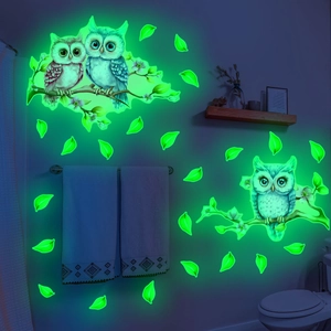 Stickers muraux hibou phosphorescent et feuilles vertes brillants dans le noir