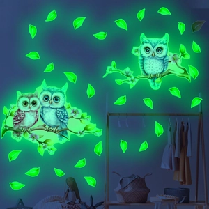 Sticker Mural Hibou Dessin Animé Lumineux Brille dans le Noir Animal Arbre Feuille Imperméable PVC DIY Décalcomanie Chambre Enfant