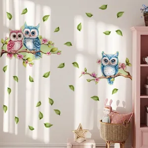 Stickers muraux hiboux lumineux avec feuilles vertes pour chambre d'enfant