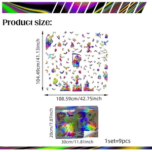 Holographic laser Halloween wall stickers featuring pumpkin and bat motifs with size guide