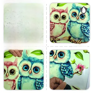 Sticker mural hibou imperméable montrant le design avant et le détail adhésif au dos