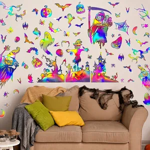 Holographic Halloween wall stickers featuring pumpkins and bats in a living room setup