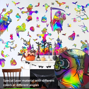 Macro detail of laser holographic Halloween stickers showing color shift at different angles