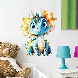Luminous blue cartoon dinosaur wall sticker for nursery decor in a cozy kids room