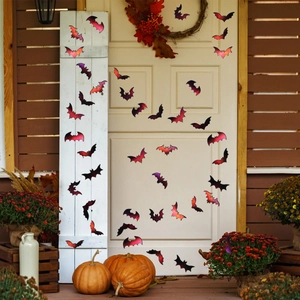 3D holographic bat wall decals set for Halloween porch decor with laser color shifting effect