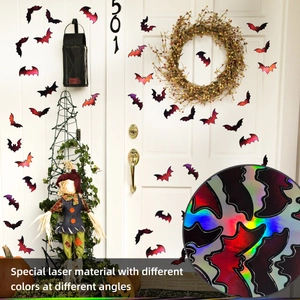 Detail of holographic bat wall stickers showing multi-color shifting laser material effects