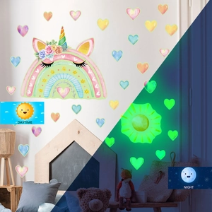 Luminous unicorn rainbow heart wall stickers showing day and night glowing effect