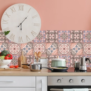 Detail of vintage floral square tile stickers applied to a modern kitchen backsplash