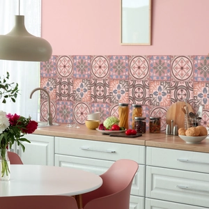 Moroccan style vintage tile stickers applied to a kitchen wall for decorative oil-proof use