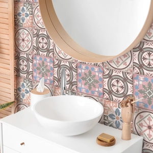 Vintage mandala tile stickers in pink and grey tones for bathroom wall decoration